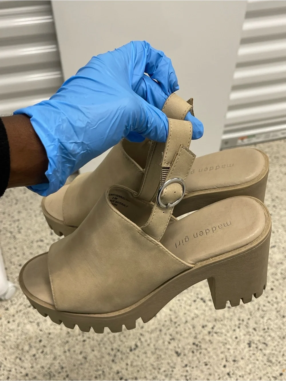 Madden Girl Chunky Taupe Platform Slingback Buckle Block Heels